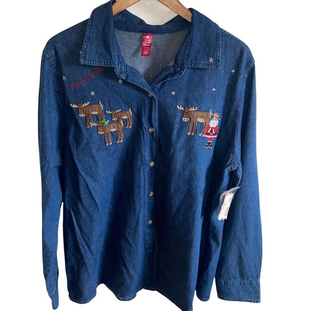 Christmas Embroidered patch jean button down top - NWT
